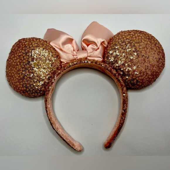 Disney Ears Rose Gold Minnie Mouse Ears Headband Sequin and Satin Bow - Picture 2 of 6